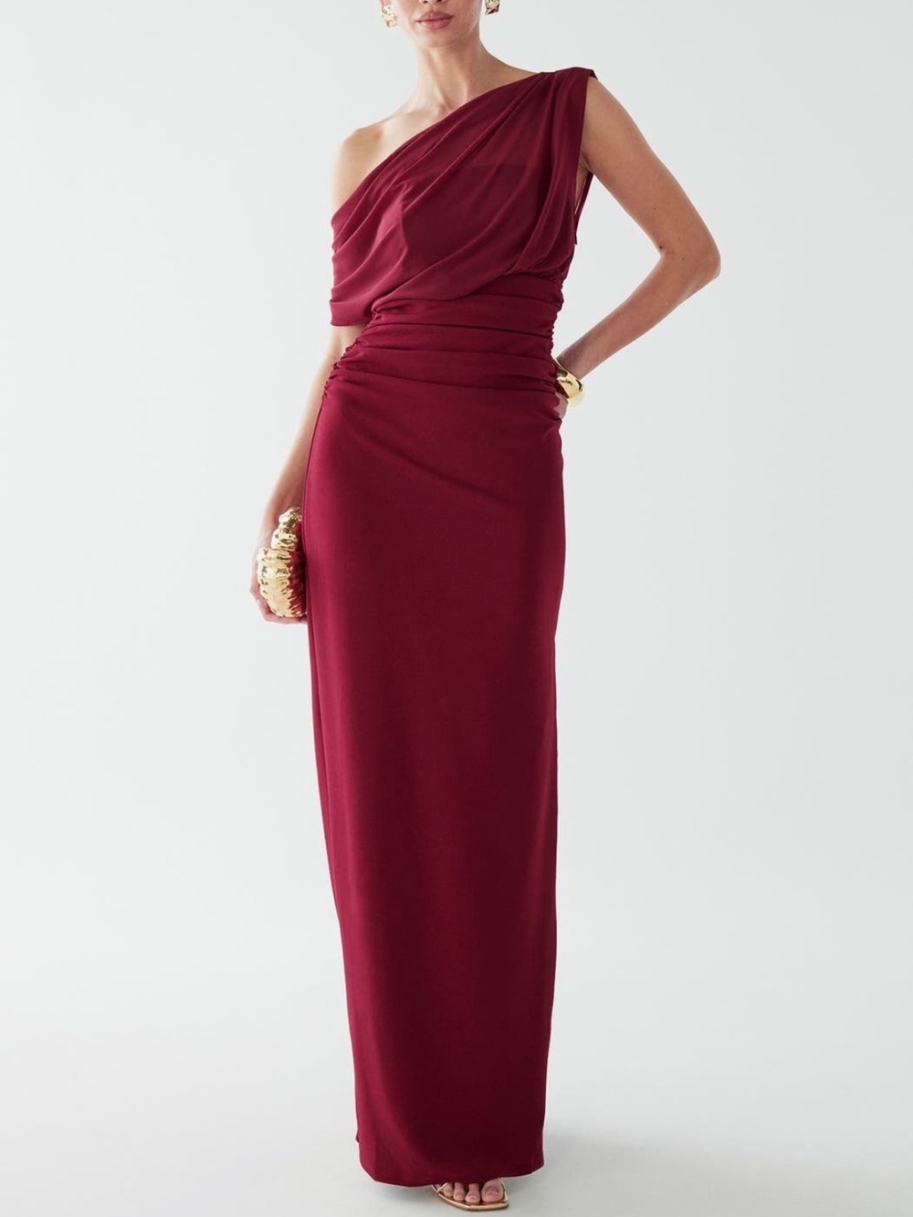 BWLDR One-Shoulder Burgundy Evening Gown